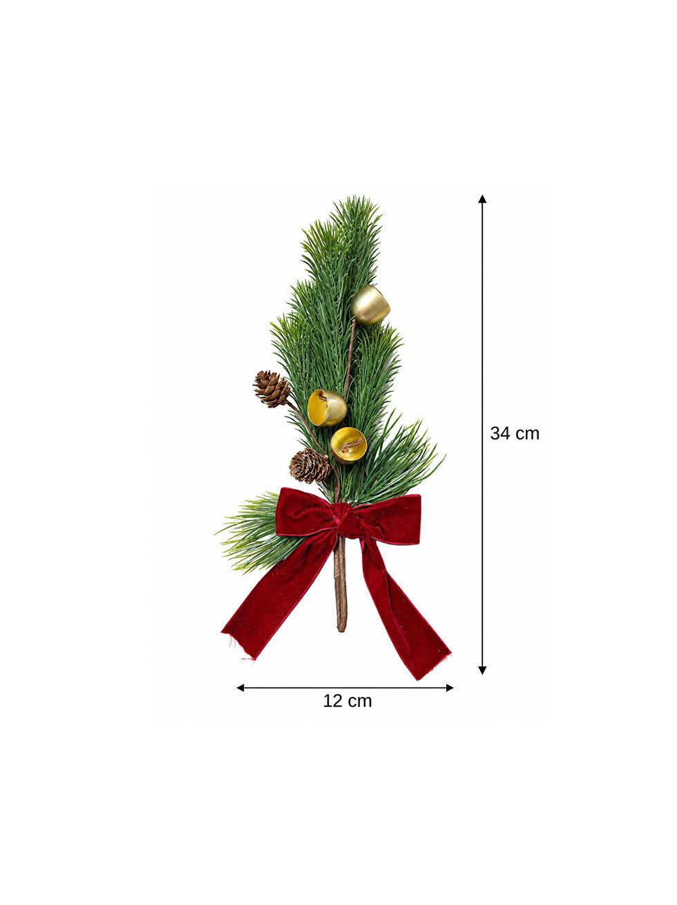 Yılbaşı Çam Dalı Dekoru 34 cm – Altın Çanlı Kozalaklı Kurdeleli Süs
