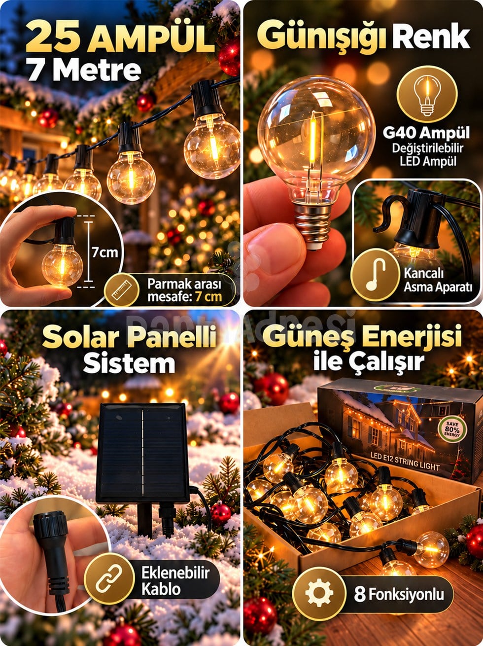 Yılbaşı Dekoru Güneş Enerjili Ampullü Eklenebilir Led Işık - Günışığı G40 LED 25li Ampul, 7 Metre