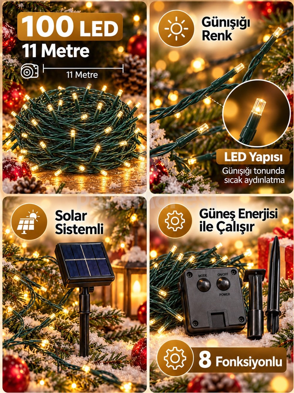 Yılbaşı Dekoru Güneş Enerjili Solar LED Işık – Günışığı 100 LED, 11 Metre, 8 Fonksiyonlu
