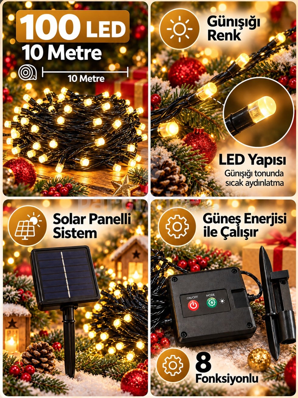 Yılbaşı Dekoru Güneş Enerjili Solar LED Işık – Günışığı 100 LED 10 Metre 8 Fonksiyonlu
