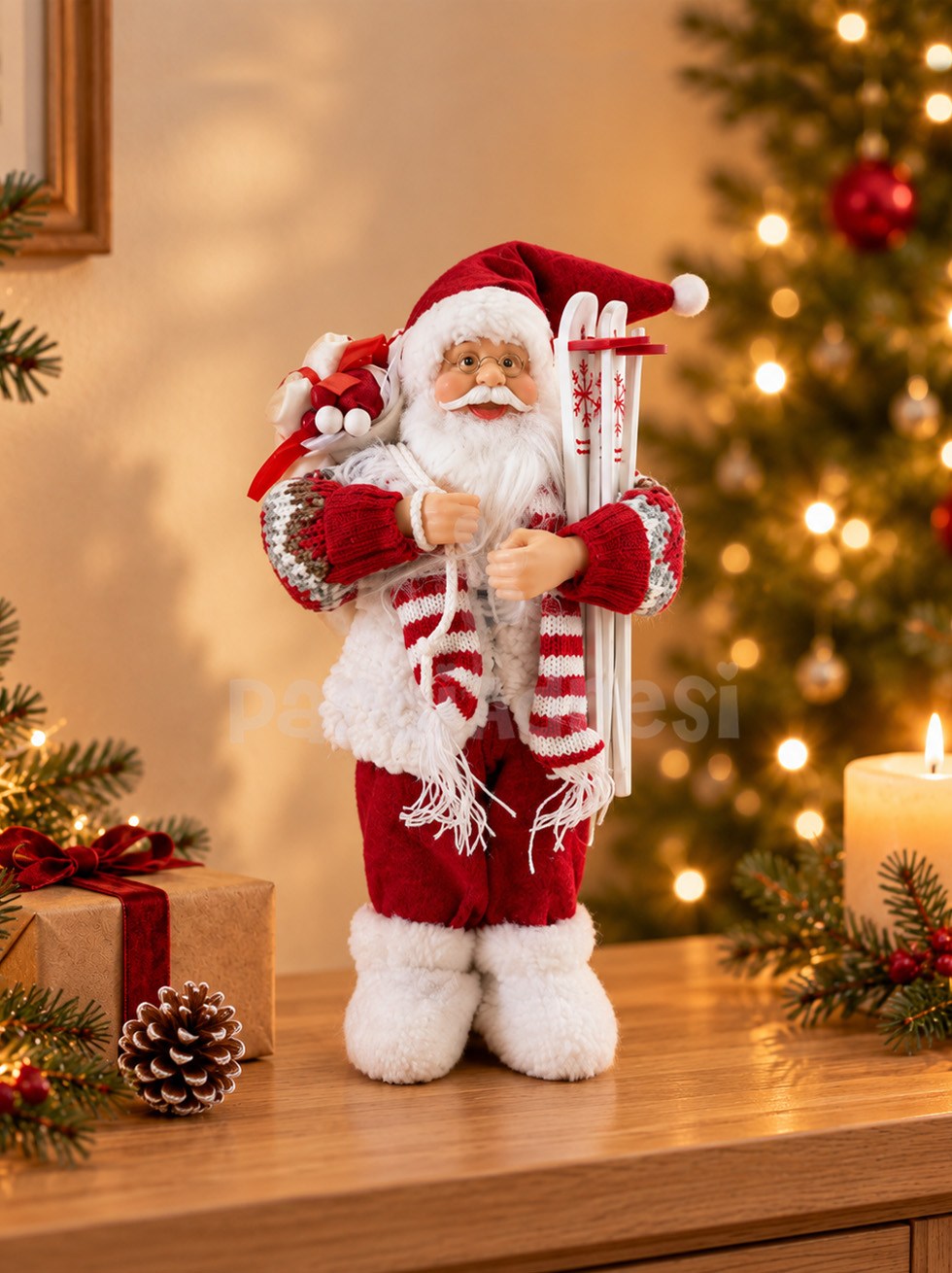 Yılbaşı Dekoru Kayaklı Noel Baba 30 cm – Kırmızı Beyaz Dekoratif Figür