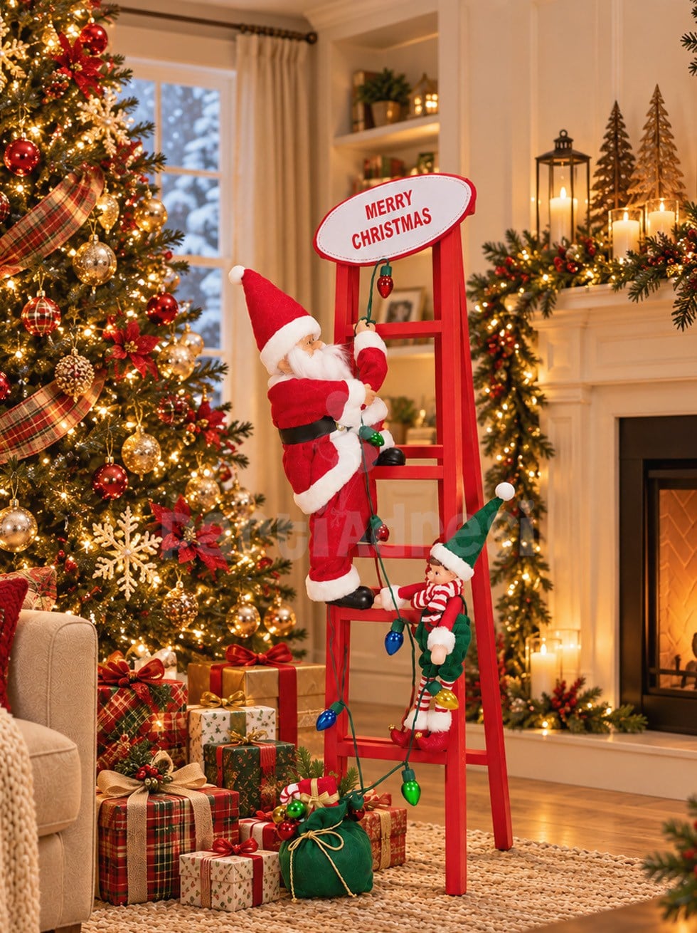 Yılbaşı Dekoru Merdivenli Noel Baba ve Elf 110 cm – Işıklı Yılbaşı Dekorasyonu