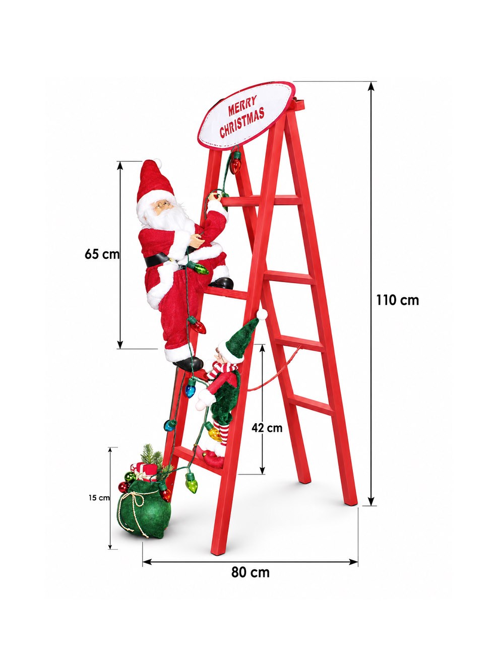 Yılbaşı Dekoru Merdivenli Noel Baba ve Elf 110 cm – Işıklı Yılbaşı Dekorasyonu