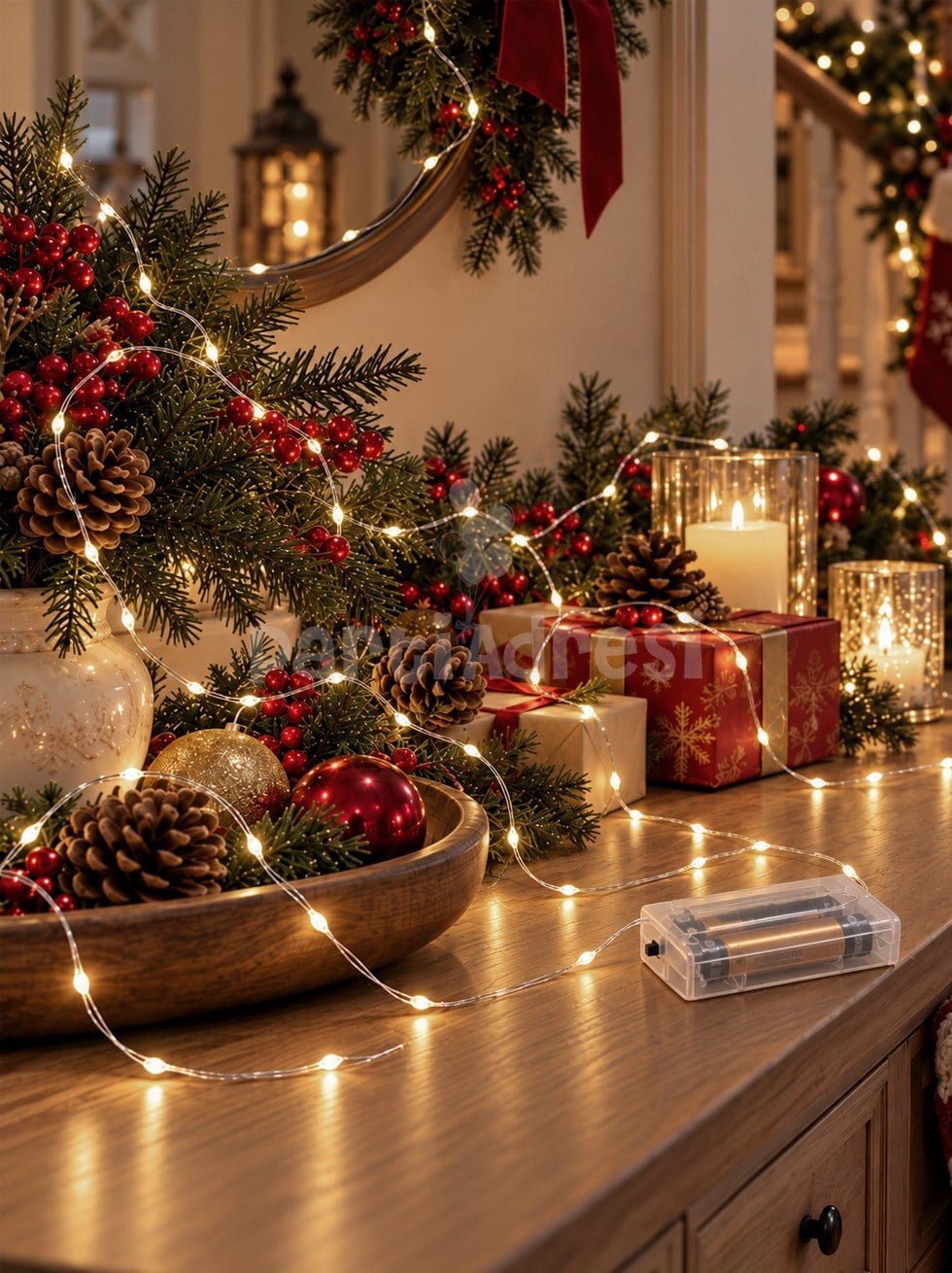 Yılbaşı Dekoru Pilli Peri LED Işık - Günışığı 50 LED 5 Metre 3 Fonksiyonlu Ağaç Süsü