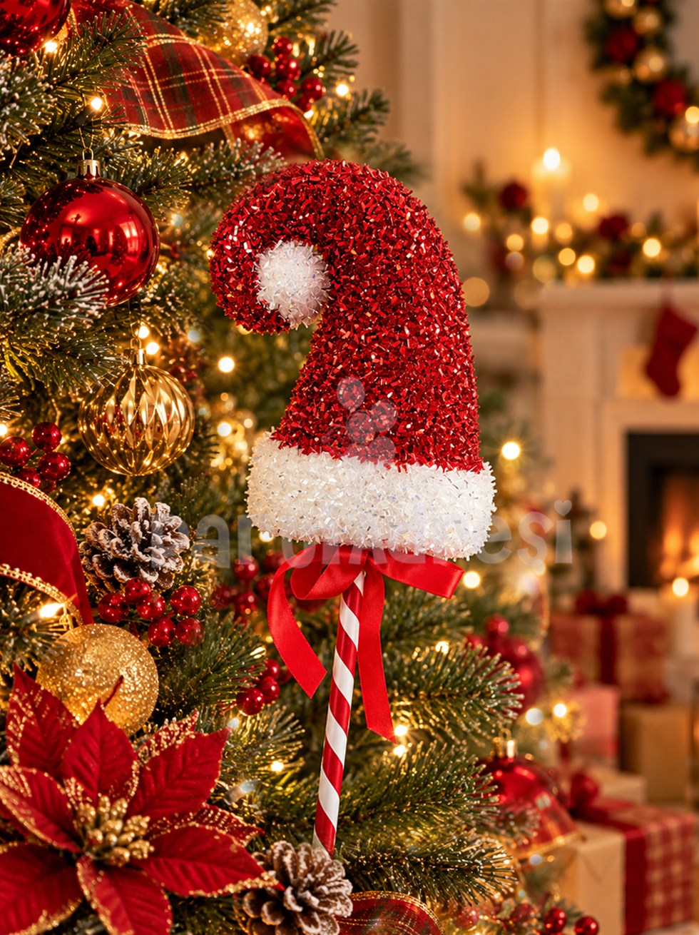 Yılbaşı Dekoru Simli Noel Baba Şapkalı Baston Şeker Çam Ağacı Süsü 40 cm