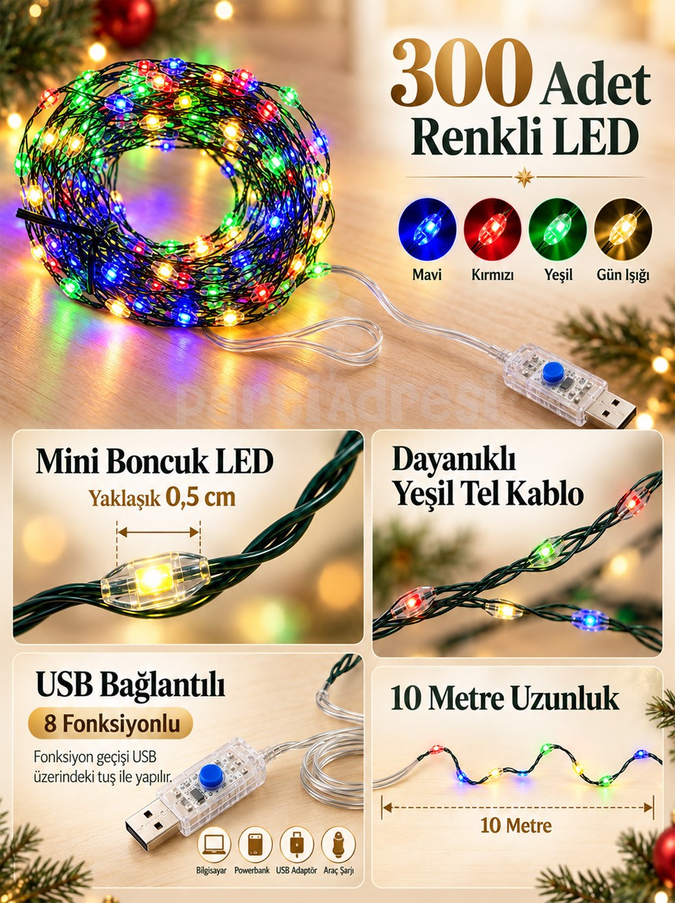 Yılbaşı Dekoru USB Işık - Renkli 300 LED 10 Metre 8 Fonksiyonlu Ağaç Süsü