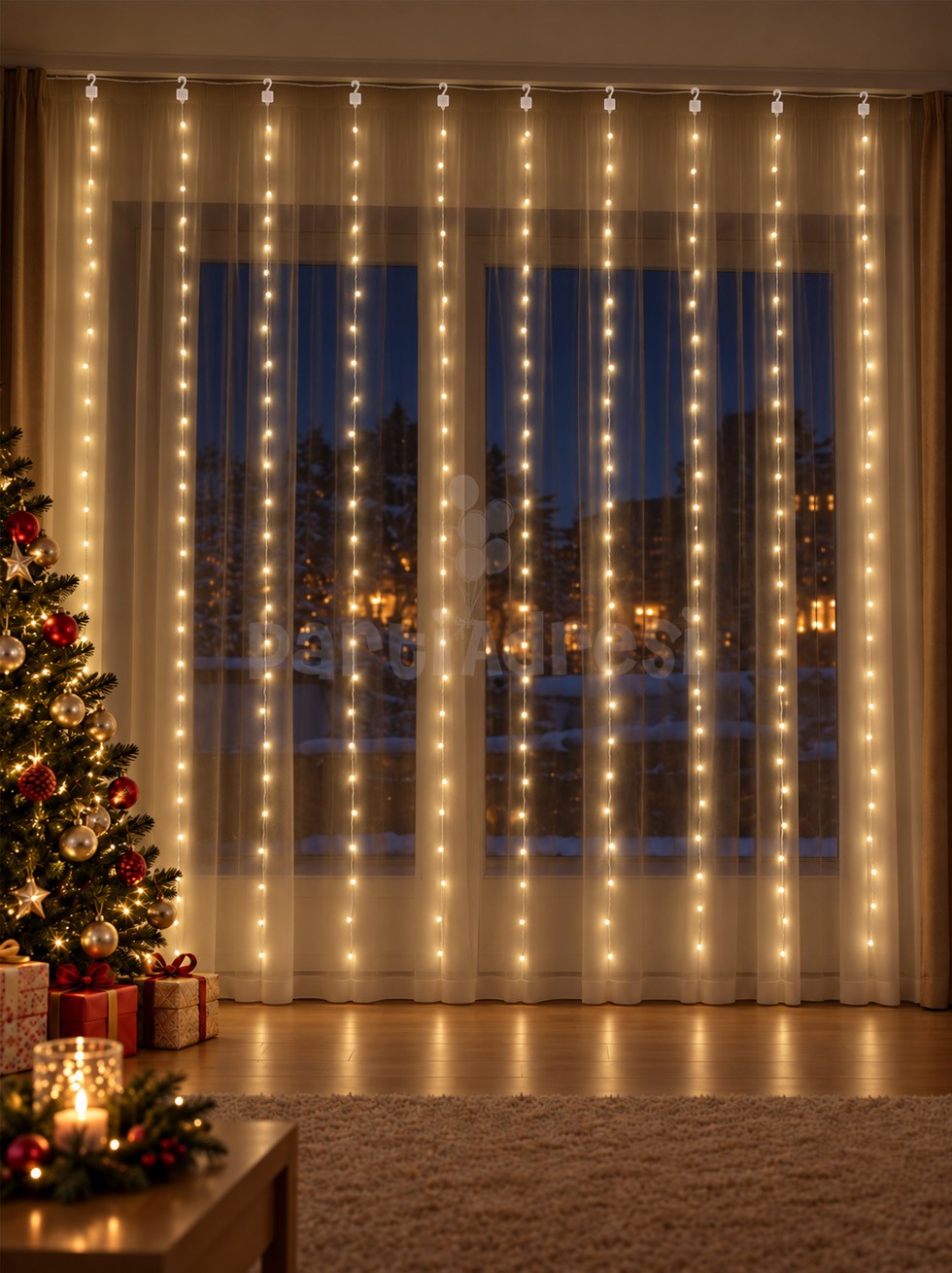 Yılbaşı Dekoru USB Perde LED Işık Günışığı 3x2 m 10 Saçak 8 Fonksiyonlu
