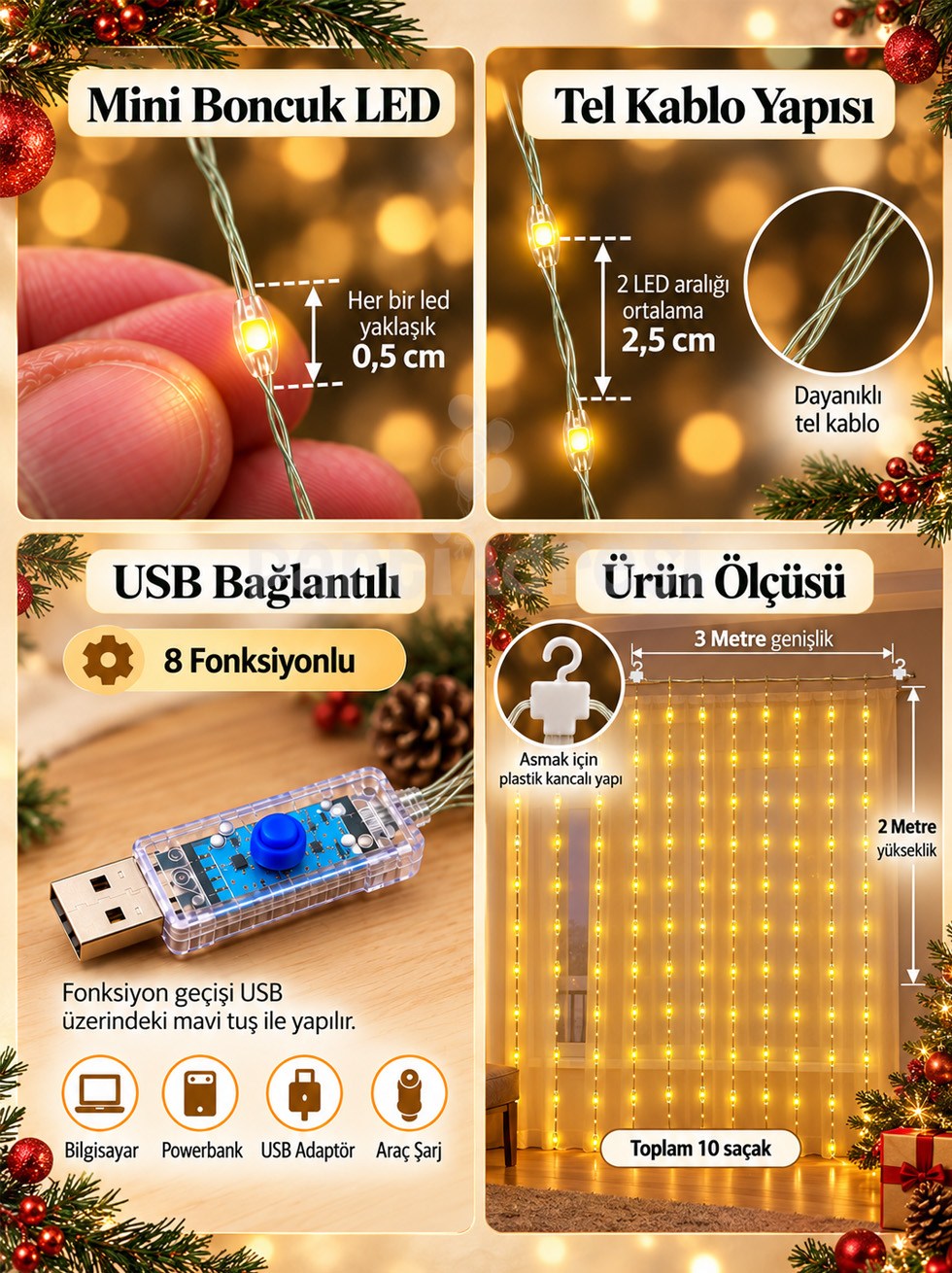 Yılbaşı Dekoru USB Perde LED Işık Günışığı 3x2 m 10 Saçak 8 Fonksiyonlu