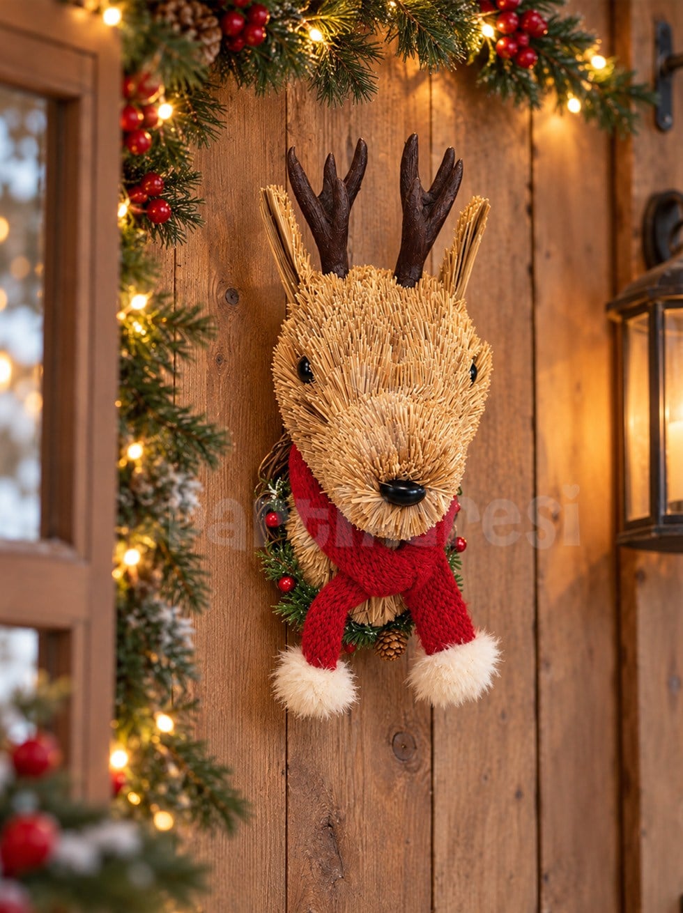 Yılbaşı Kapı ve Duvar Süsü Geyik Başı 28 cm – Rustik Noel Dekoru