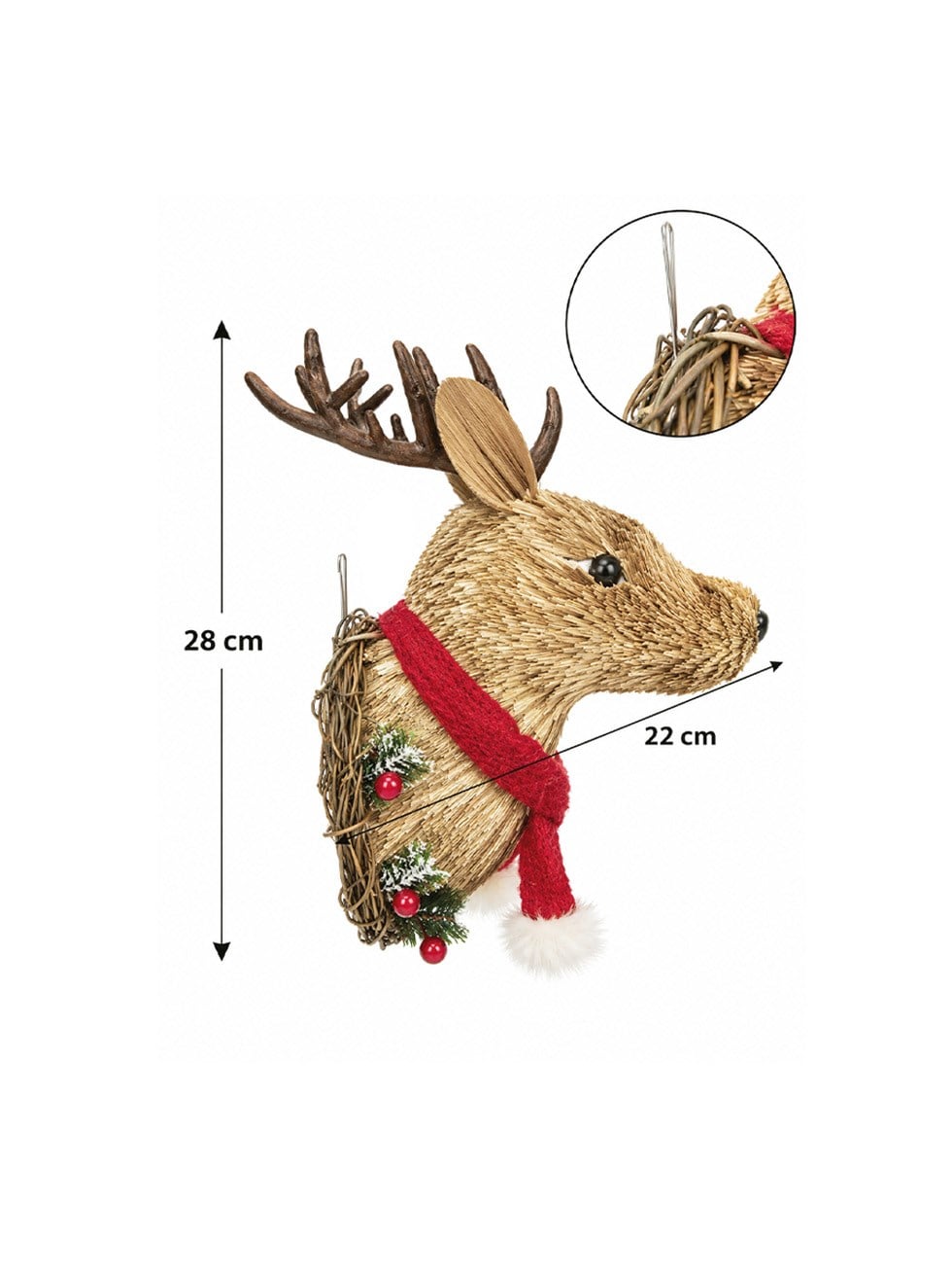 Yılbaşı Kapı ve Duvar Süsü Geyik Başı 28 cm – Rustik Noel Dekoru
