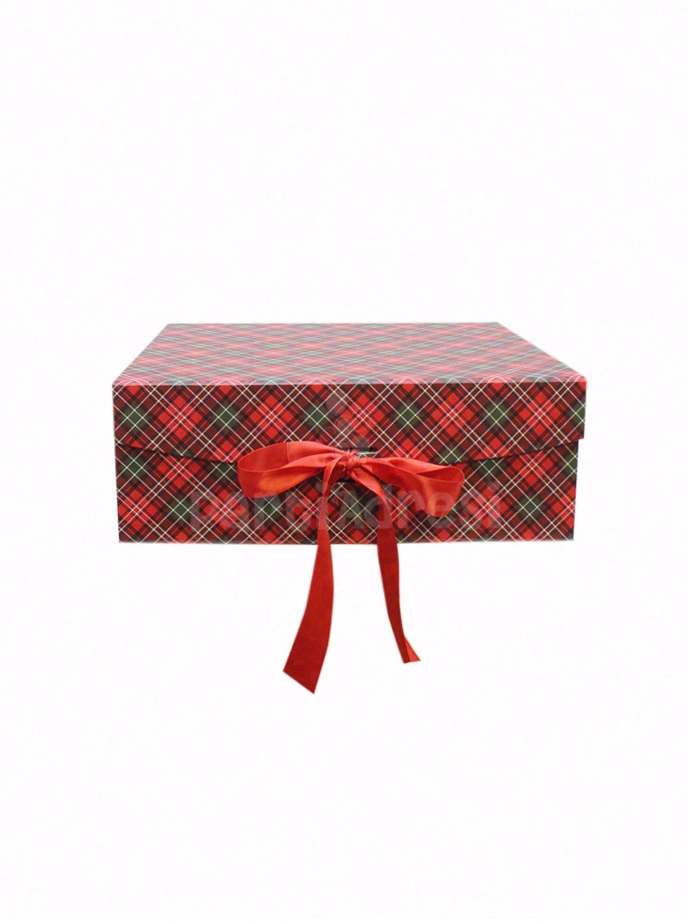 Yılbaşı Temalı Ekose Hediye Kutusu – Kırmızı Kurdeleli Dekoratif Kutu 29x22x10 cm