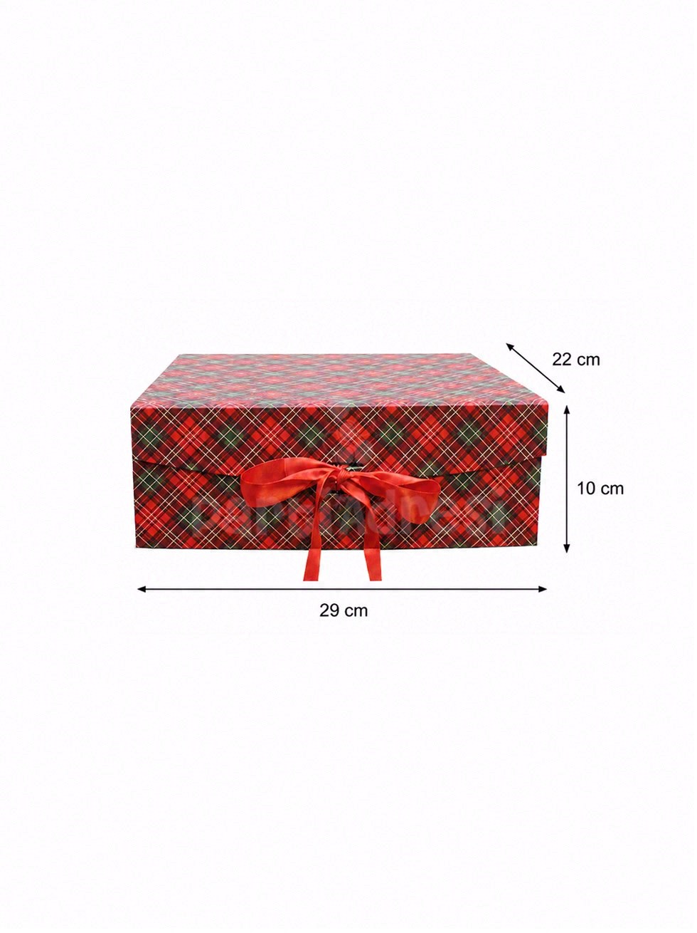 Yılbaşı Temalı Ekose Hediye Kutusu – Kırmızı Kurdeleli Dekoratif Kutu 29x22x10 cm
