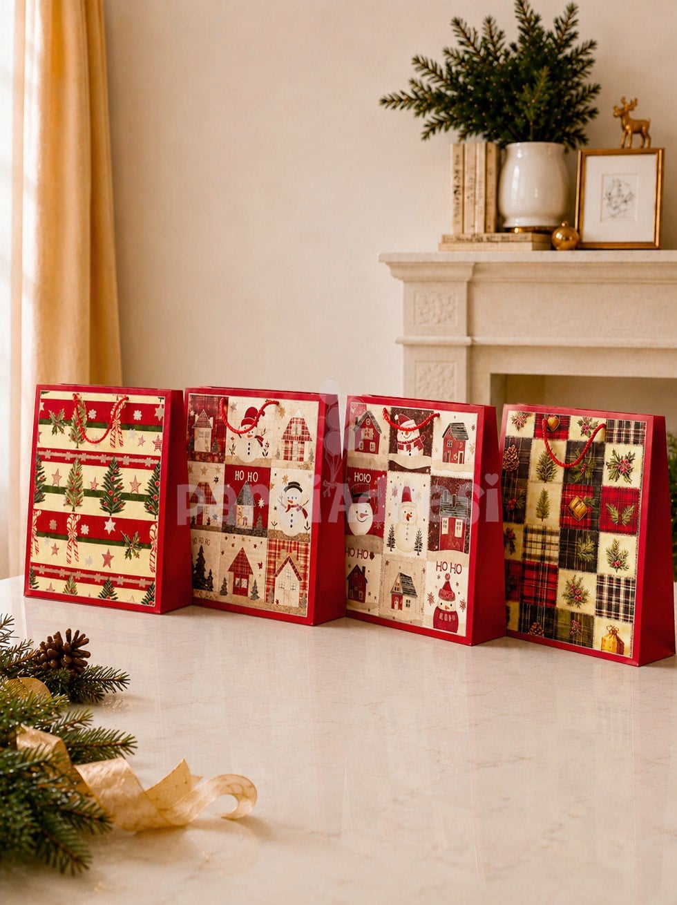 Yılbaşı Temalı Karton Hediye Çantası – Alışveriş Çantası 26x32x10 cm 12li