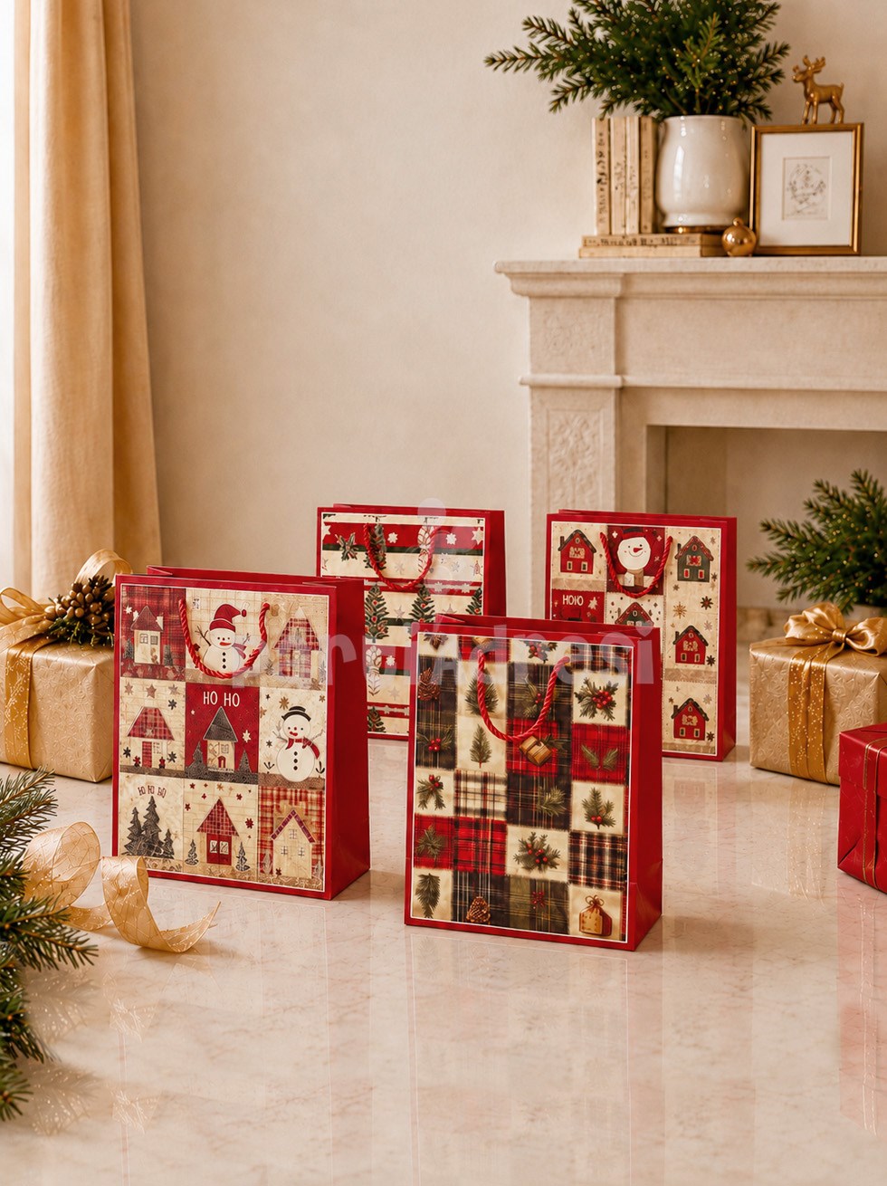Yılbaşı Temalı Karton Hediye Çantası – Alışveriş Çantası 18x23x10 cm 12li