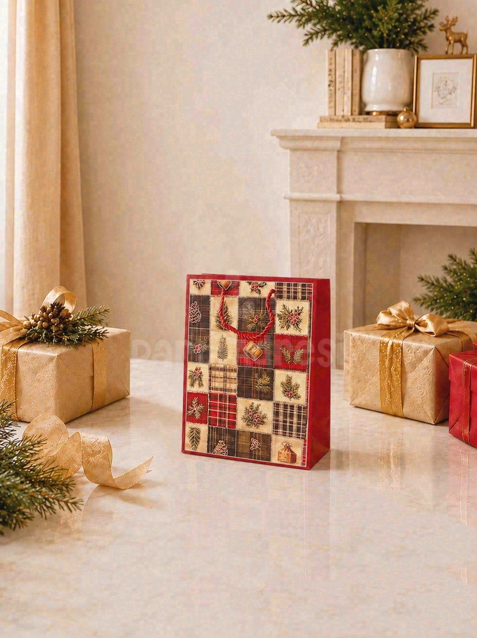 Yılbaşı Temalı Karton Hediye Çantası – Çam Ağacı Motifli 18x23x10 cm