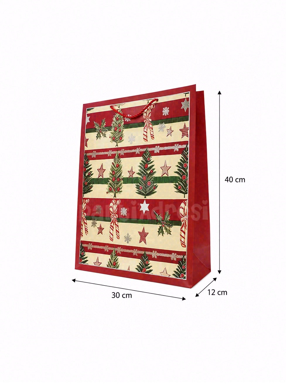 Yılbaşı Temalı Karton Hediye Çantası – Çam Ağacı ve Şeker Motifli 30x40x12 cm