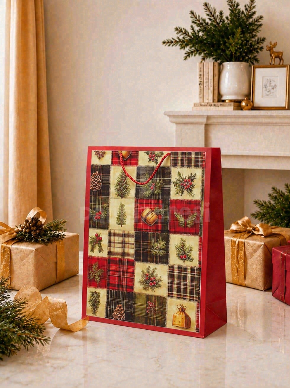 Yılbaşı Temalı Karton Hediye Çantası – Çam Ağacı Motifli 26x32x10 cm
