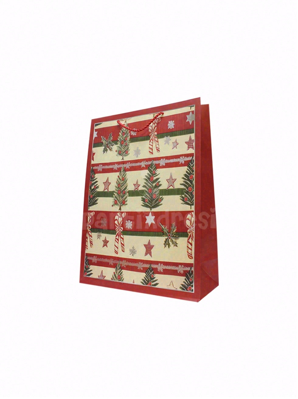 Yılbaşı Temalı Karton Hediye Çantası – Çam Ağacı ve Şeker Motifli 30x40x12 cm