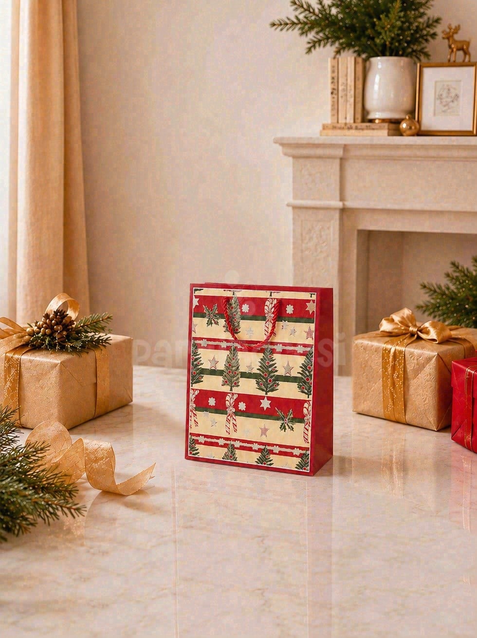 Yılbaşı Temalı Karton Hediye Çantası – Çam Ağacı ve Şeker Motifli 18x23x10 cm
