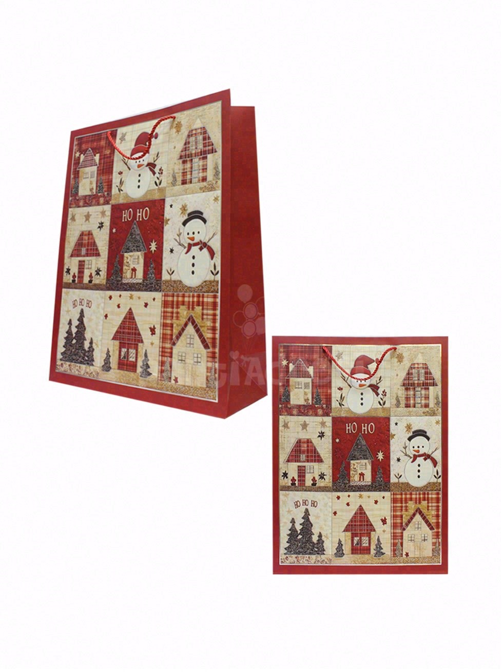 Yılbaşı Temalı Karton Hediye Çantası – Ekose Ev Motifli 30x40x12 cm