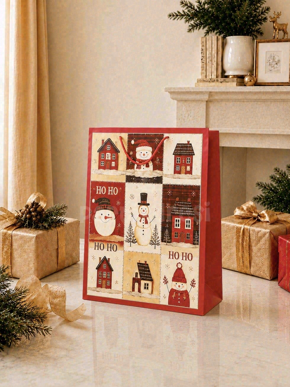 Yılbaşı Temalı Karton Hediye Çantası – Kardan Adam Motifli 30x40x12 cm