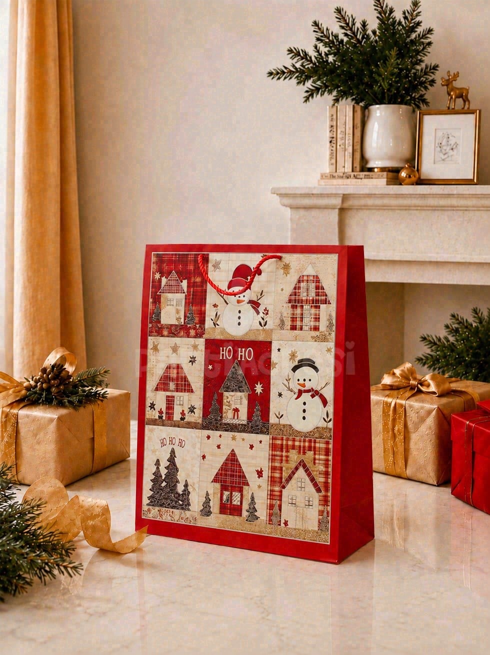 Yılbaşı Temalı Karton Hediye Çantası – Kardan Adam Motifli 26x32x10 cm