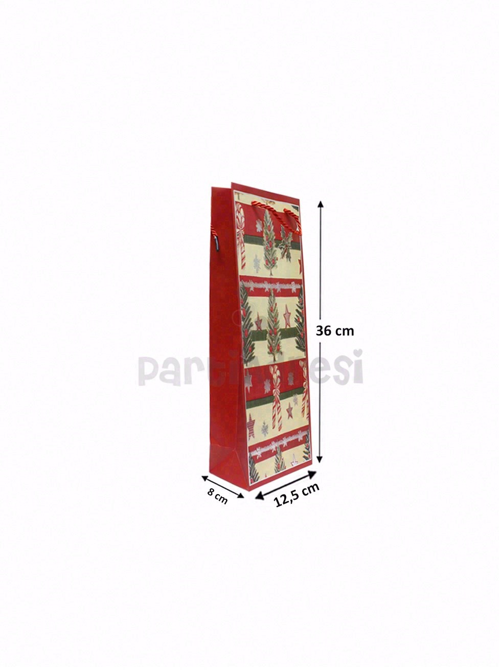 Yılbaşı Temalı Karton Şişe Çantası – Çam Ağacı ve Şeker Motifli Hediye Çantası 12,5x36x8 cm