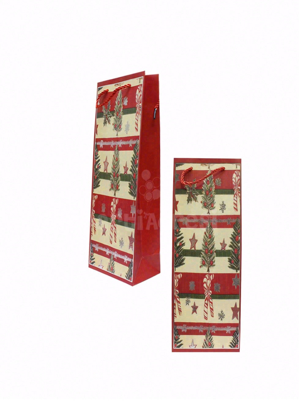Yılbaşı Temalı Karton Şişe Çantası – Çam Ağacı ve Şeker Motifli Hediye Çantası 12,5x36x8 cm