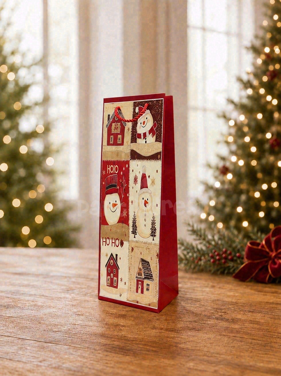 Yılbaşı Temalı Karton Şişe Çantası – Kardan Adam Motifli Hediye Çantası 12,5x36x8 cm