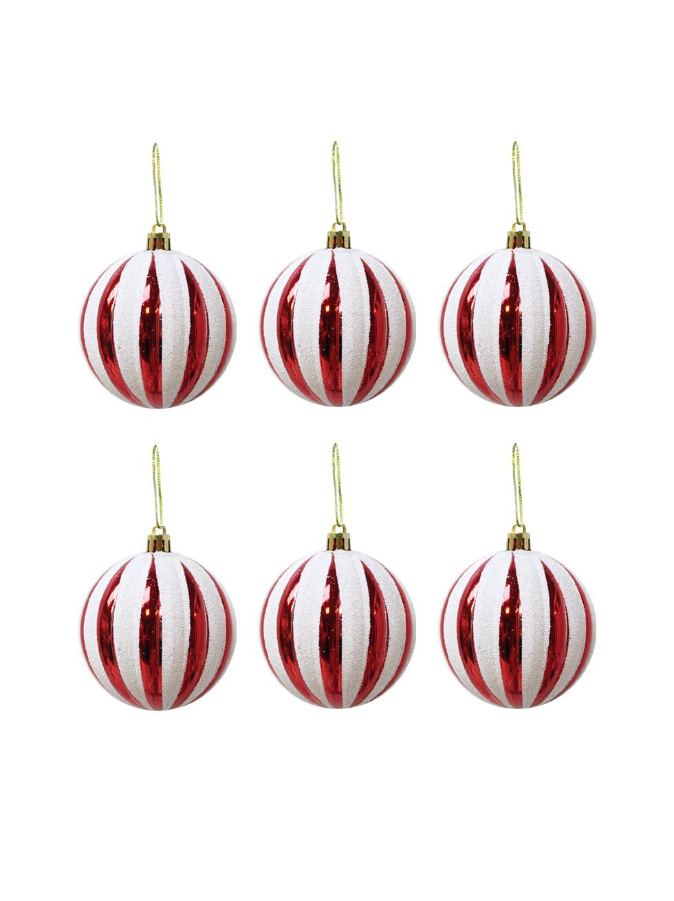 Yılbaşı Topu Dilim Desenli Dekoratif Çam Ağacı Süsü Kırmızı Beyaz 6 cm 6lı Set