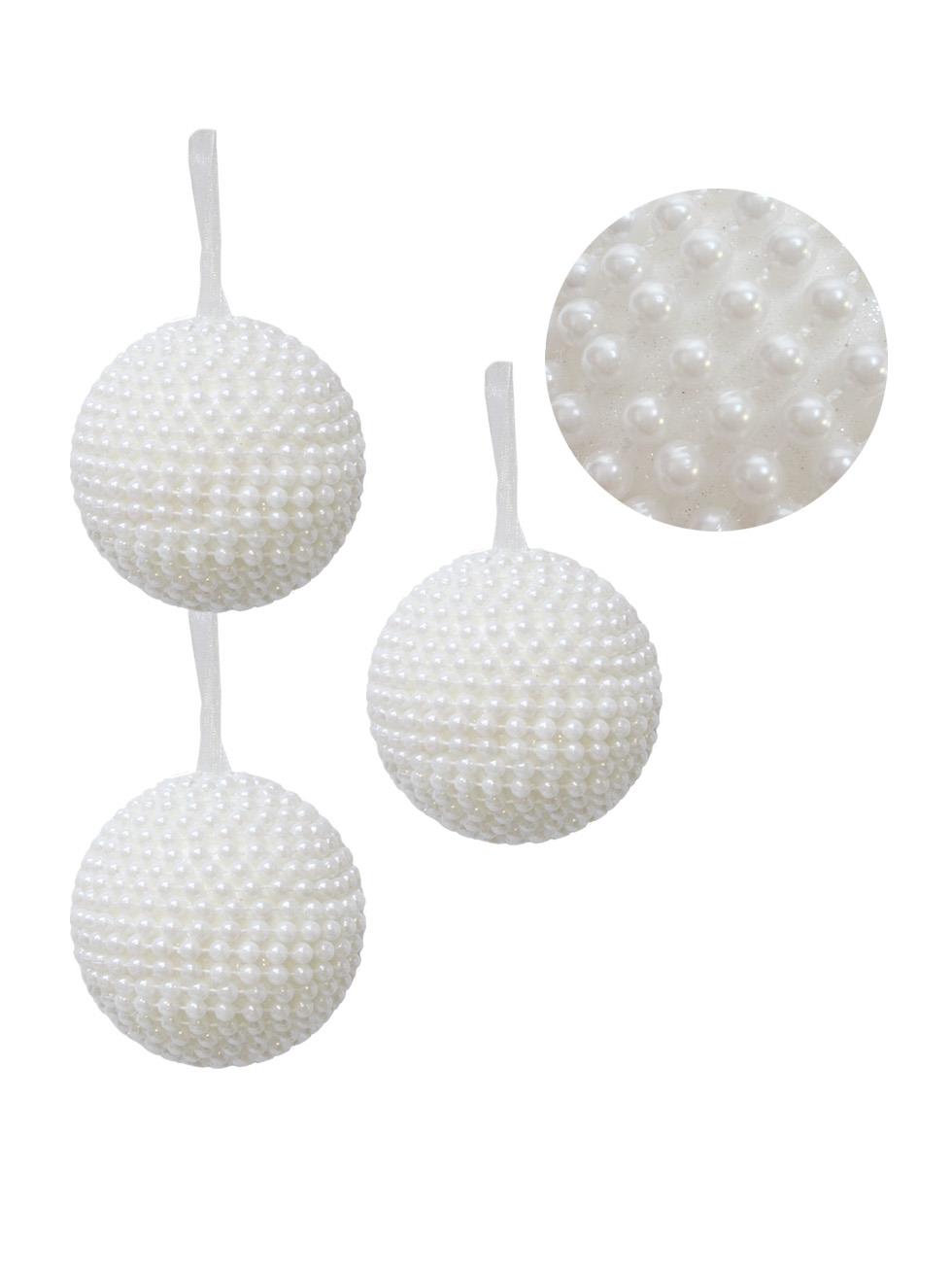 Yılbaşı Topu İnci Kaplama Çam Ağacı Süsü Beyaz 8 cm 3lü