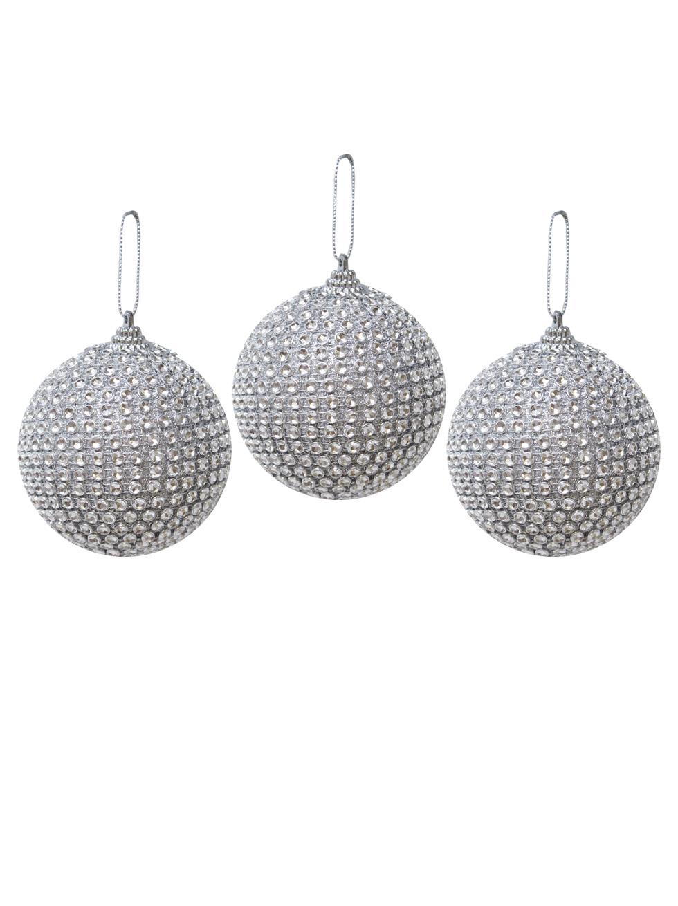 Yılbaşı Topu Kristal Taş Kaplama Çam Ağacı Süsü Gümüş 8 cm 3lü