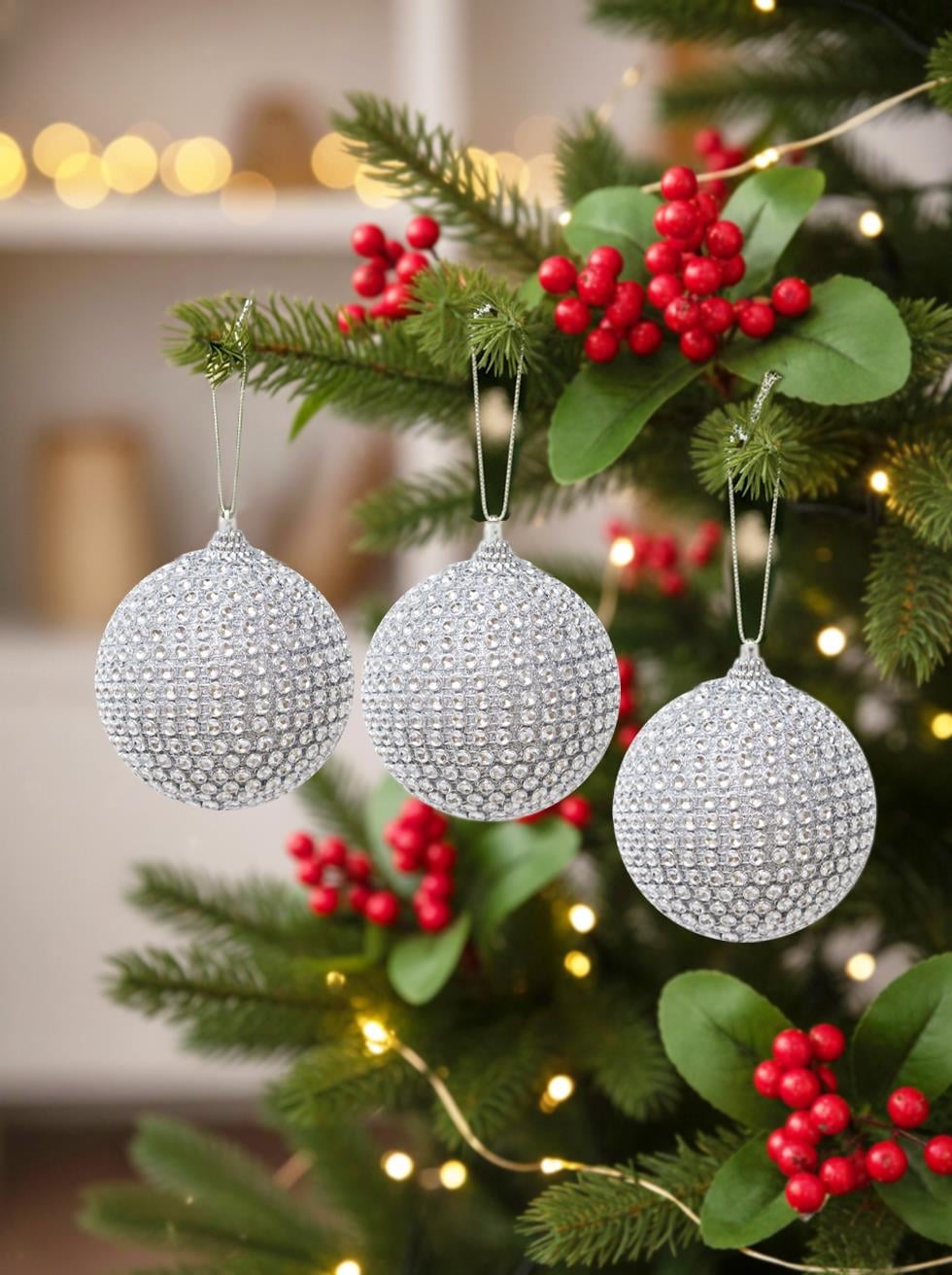 Yılbaşı Topu Kristal Taş Kaplama Çam Ağacı Süsü Gümüş 8 cm 3lü