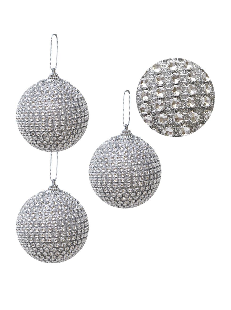Yılbaşı Topu Kristal Taş Kaplama Çam Ağacı Süsü Gümüş 8 cm 3lü
