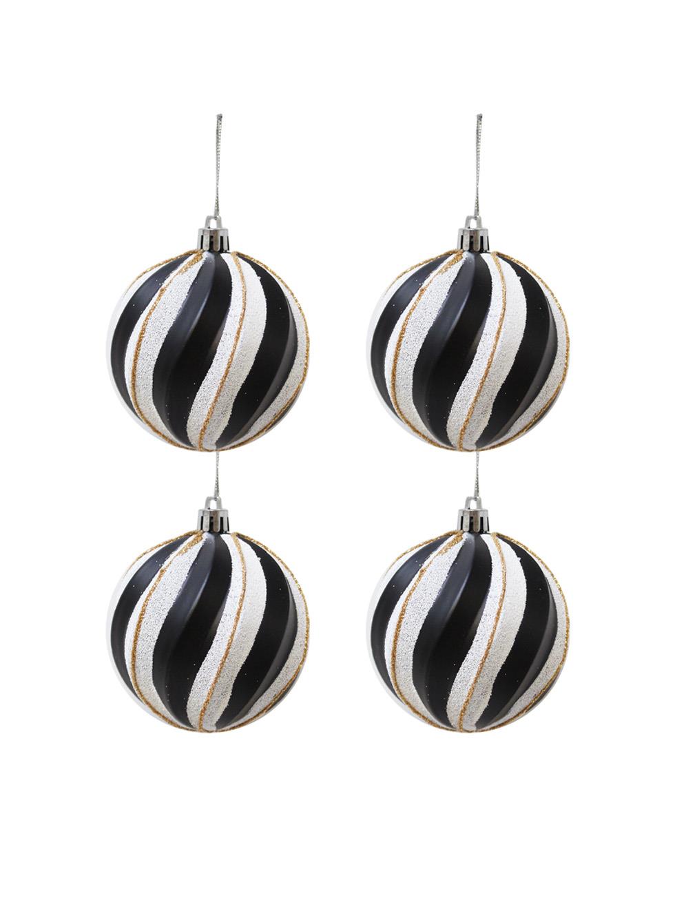 Yılbaşı Topu Spiral Desenli Dekoratif Çam Ağacı Süsü Siyah Beyaz 8 cm 4lü Set