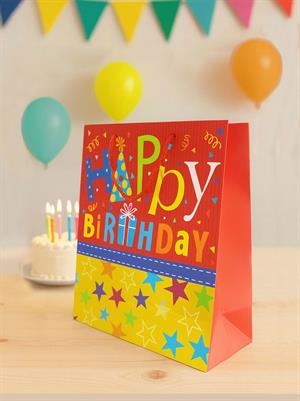 Karton Çanta Happy Birthday Yazılı Alışveriş Çantası Hediye Çantası Kırmızı 33 cm