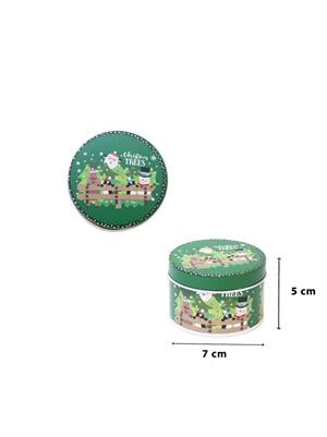 Yılbaşı Temalı Mini Yuvarlak Teneke Kutu Kardan Adam Desenli Yeşil 5 cm