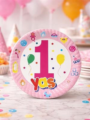 1 Yaş Doğum Günü Parti Tabağı Pembe – Kız Çocuk Konsept 10 Adet