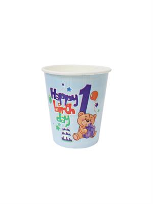 1 Yaş Erkek Bebek Doğum Günü Seti – Plastik Tabak & Karton Bardak Mavi 24lü