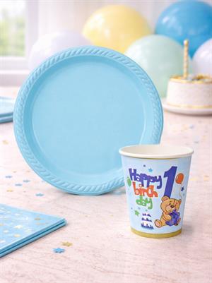 1 Yaş Erkek Bebek Doğum Günü Seti – Plastik Tabak & Karton Bardak Mavi 24lü