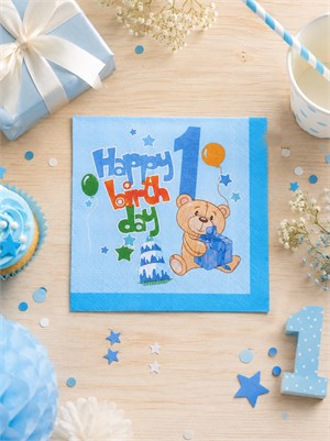 1 Yaş Peçete Happy Birthday Yazılı Erkek Çocuk Peçete Mavi