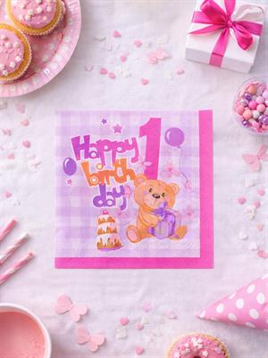1 Yaş Peçete Happy Birthday Yazılı Kız Çocuk Peçete Pembe