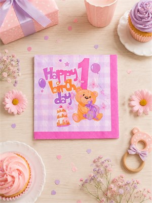 1 Yaş Peçete Happy Birthday Yazılı Kız Çocuk Peçete Pembe