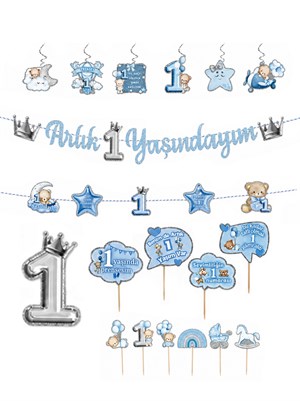 1 Yaş Temalı Erkek Bebek Doğum Günü Seti Parti Paketi Mavi Gümüş
