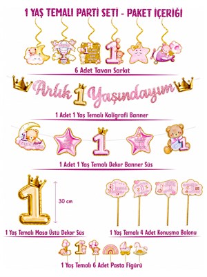 1 Yaş Temalı Kız Bebek Doğum Günü Seti Parti Paketi Pembe Gold 