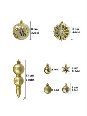 Yılbaşı Ağacı Süsleri Karışık Figürlü Yeni Yıl Ağaç Süsleme Seti Gold 52li