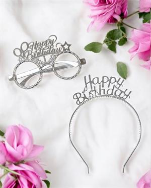 Happy Birthday Taç Gözlük Set Doğum Günü Parti Aksesuarı Gümüş