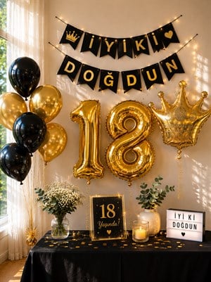 18 Yaş Doğum Günü Dekorasyon Seti – Balonlu Parti Seti Siyah Altın