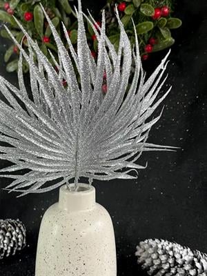 Yılbaşı Dekoru Simli Palmiye Yaprağı Dekoratif Dal Gümüş 30 cm