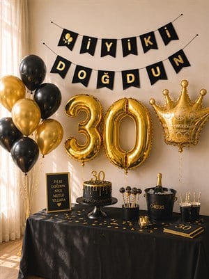 30 Yaş Balon Seti Doğum Günü Parti Seti Siyah Altın